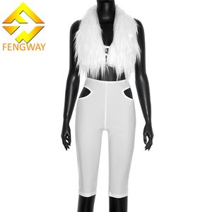 Setelan Kasual Wanita Musim Semi 2 Potong, Atasan Halter Tanpa Punggung Berbahan Bulu Imitasi Seksi + Celana Capri Berlubang, Gaya Coquette untuk Klub Malam - Product Image 3