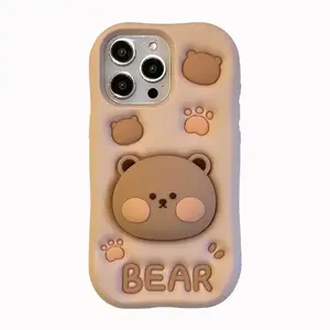 Creative 3D Cute Bear ausziehbare Halterung Soft Silicone Phone Case für iPhone 11 12 13 14 15 Pro Max Cover