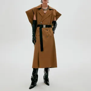 Fashional dài Blazer Coat với Slim vành đai thắt lưng phụ nữ rãnh manteau bất thường tay áo áo choàng của phụ nữ trench coat cổ điển