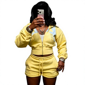 Hot Sale Women's Street Style 2 Piece Tracksuit Set with Rivet Detail Hooded Crop <b>Top</b> and Jogger Shorts Solid Color Blank Sets - Product Image 3