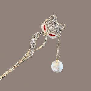 Bâtonnet à cheveux en cristal et strass style chinois ancien avec perle de renard pour femme, épingle à cheveux vintage en cristal, accessoire de coiffure - Product Image 3