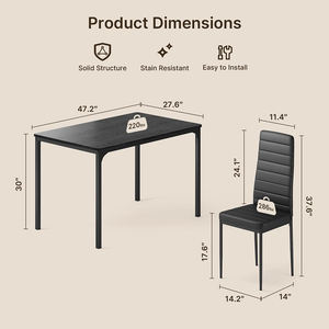 ชุดโต๊ะอาหารสีดำ 5 ชิ้น สำหรับ 4 ที่นั่ง ชุดโต๊ะครัวพร้อมเก้าอี้หุ้มหนัง PU 4 ตัว - Product Image 6