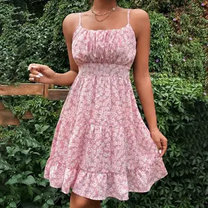 Custom Flower Print A-line Fashion Summer Casual Strap Women's Dress For Lady Clothes Sexy Women Mini Dresses Manufacturer