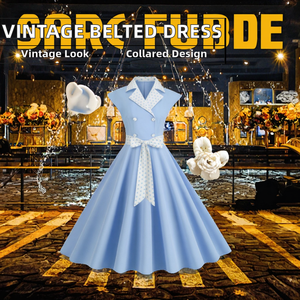 Vestido Midi Swing de Verano para Mujer con Cuello Vuelto, Cintura Imperio, Estampado Vintage, Teñido Liso, Sin Mangas, con Cinturón y Lazos, Ideal para Fiestas de Primavera y Otoño - Product Image 2