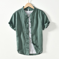 Chemise d'été décontractée pour homme en lin uni personnalisé, style chinois original, col mandarin, boutons grenouille, manches courtes, effet délavé