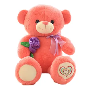 Oem custom gevulde pluche tedy bear smile teddybeer met rose bloem