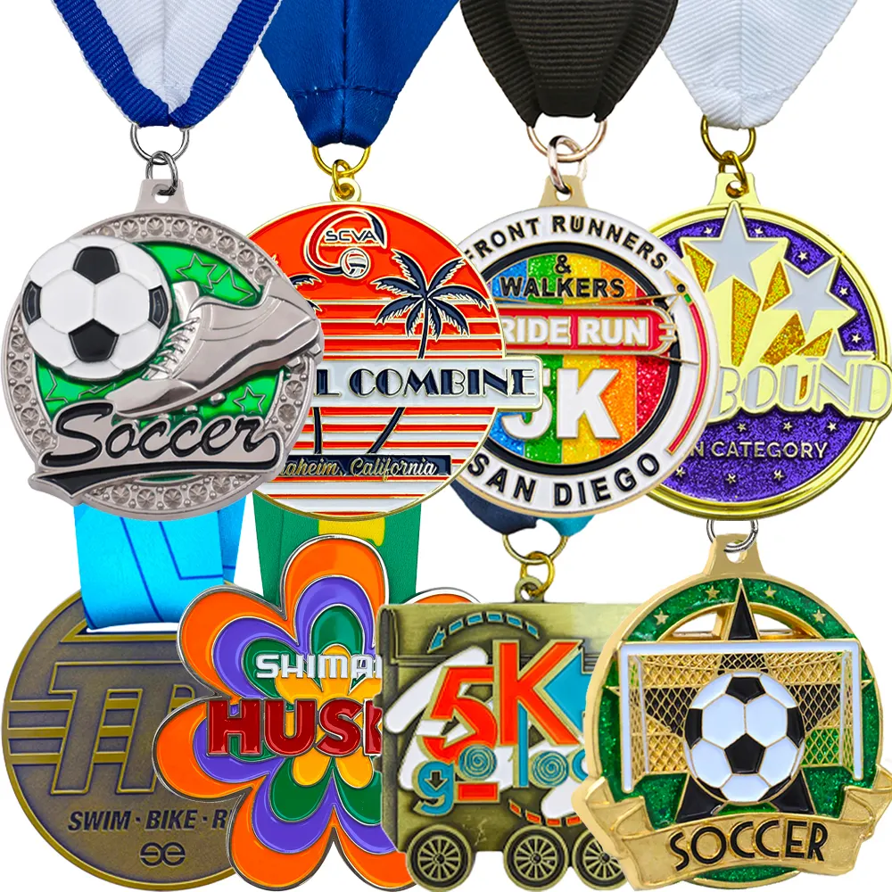 Manufacture supplier design metal 3d logo football soccer race sports gold award medal factory custom medal with ribbon