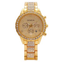Jam Tangan Wanita Quartz Kalender Tiga Mata Enam Jarum Berhias Berlian Modis dengan Casing Akrilik Ramah Lingkungan Terlaris