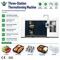 Gebruikt drie-station volautomatisch thermoformapparaat voor het vormen van PP PS PET PVC wegwerp voedselcontainers, borden en eierdozen.
