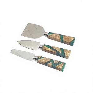 High Quality Luxury 3-Piece Silver Stainless Steel Cheese <b>Set</b> Wood Green Resin Handles Eco-Friendly Square Shape Dishwasher Safe - Product Image 4