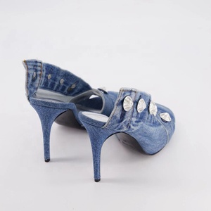Women Buttons Denim Sandals Square Toe Stiletto High Heels Shoes Jeans <b>Slippers</b> on <b>Slides</b> Dress Mules - Product Image 2