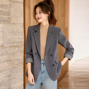 Women's Blazer Off White Solid Color Polyester Fabric Double Breasted Lapel Pocket Spring Autumn Wear - Product Image 4