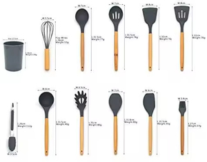 Ensemble d'ustensiles de cuisine en silicone à manches en bois, 11 pièces (spatules, pinces, cuillères), non toxique, faible MOQ, avec support - Product Image 4