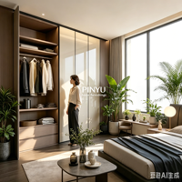 Armoire de chambre multifonctionnelle en bois composite avec coiffeuse intégrée, quincaillerie à fermeture douce et anti-rayures