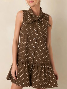 Brown Polka Dot <b>Sleeveless</b> A-Line Mini <b>Dress</b> With Tie Neck And Ruffle Hem Casual <b>Summer</b> Woven Cotton <b>Dress</b> - Product Image 1