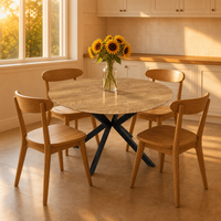 Table à manger ronde élégante, plateau en bois de caoutchouc massif, support en métal noir, couleurs et matériaux en option, professionnel
