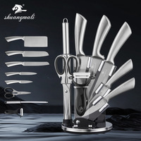 Ensemble de 9 couteaux de cuisine en acier inoxydable 30Cr13 avec bloc à couteaux rotatif en acrylique pour la cuisine à domicile, cadeau, outils de cuisine pour la famille