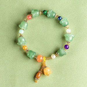 Bracelet en jade naturel soyeux doré, motif orchidée, pour femme, vente en gros SL79 - Product Image 1