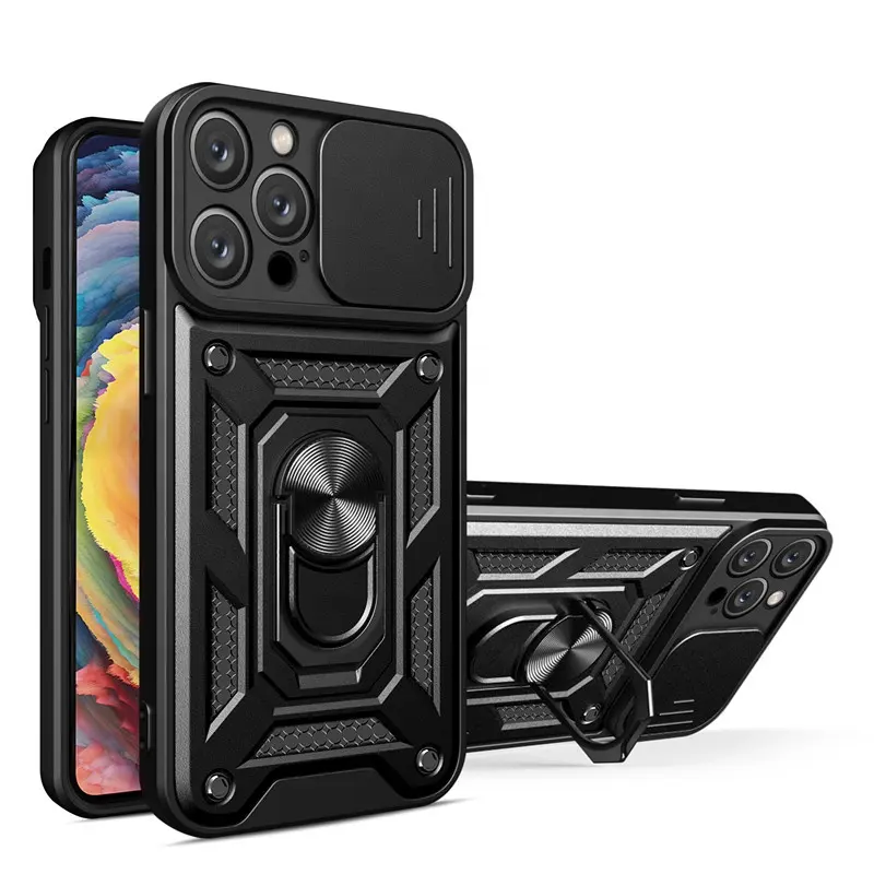 Military Grade Slide Cover Camera Protection Armor Case for iPhone 14 Pro Max Ring Holder Case for iPhone 13 12 Pro 11 XS XR 7 8