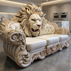 Luxury European Vintage Lion Carved Genuine Leather L-Shaped Sectional <b>Sofa</b> Handcrafted Teak <b>Wood</b> <b>Frame</b> Deep Tufted Bac Padded - Product Image 2