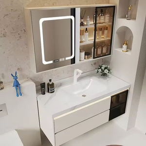 Meuble-lavabo de salle de bain moderne et intelligent, miroir en nid d'abeille, lavabo en céramique, armoire de présentation transparente, panneau en mélamine, finition laquée - Product Image 5