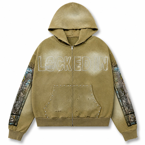 Sudadera con capucha oversize para hombre con cremallera, pedrería y diseño de vitral, estilo streetwear, efecto desgastado, de felpa francesa - Product Image 1