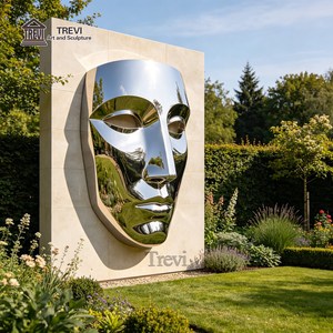 Sculpture murale en acier inoxydable 304 poli miroir TREVI en forme de masque |   Décoration moderne pour l'extérieur et l'intérieur, hôtel, hall et villa - Product Image 3