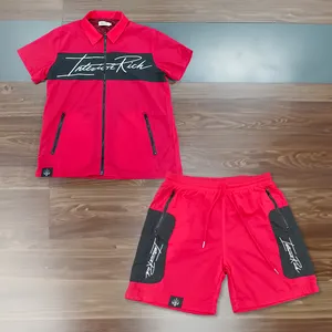 Özel Logo naylon Polyester Zip Up yaz koşu kıyafetleri giysi Mens 2 parça setleri erkekler için eşofman kısa setleri üreticisi