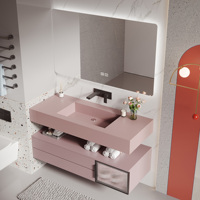 Meuble-lavabo flottant minimaliste en bois massif, vasque intégrée en pierre frittée, miroir LED intelligent