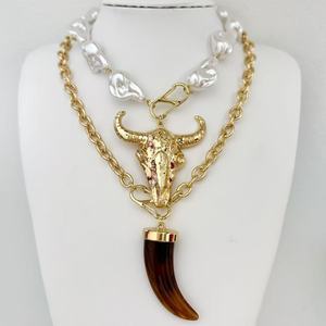 <span class=keywords><strong>Collana</strong></span> <span class=keywords><strong>con</strong></span> Pendente Hip Hop in Oro a Forma di Dente di Tigre, <span class=keywords><strong>Lupo</strong></span> o Testa di Toro, <span class=keywords><strong>con</strong></span> Doppia Catena, Perle e Agata Marrone, Gioiello di Lusso per Feste Femminili - Product Image 1