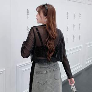 Runqi Cardigan en tricot transparent pour femme, grande taille, noir pailleté, veste de protection solaire d'été N8381 - Product Image 2