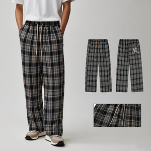 Printemps américain Vintage usé Plaid pantalons décontractés hommes pantalons anglais broderie lâche droite confortable lâche pantalons décontractés - Product Image 1
