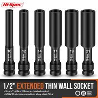 1 pièce Douilles hexagonales profondes à chocs métriques Cr-V, entraînement 1/2 pouce, tailles 7-24 mm, 128 mm de long, à paroi mince, revêtement oxyde noir, pour OEM et réparation automobile DIY