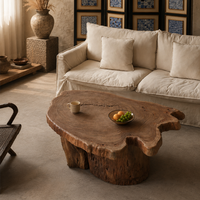Mesa de Centro de Madera Sólida Wabi Sabi, Irregular, Hecha a Mano con Borde Natural de Tronco de Árbol, para Sala de Estar