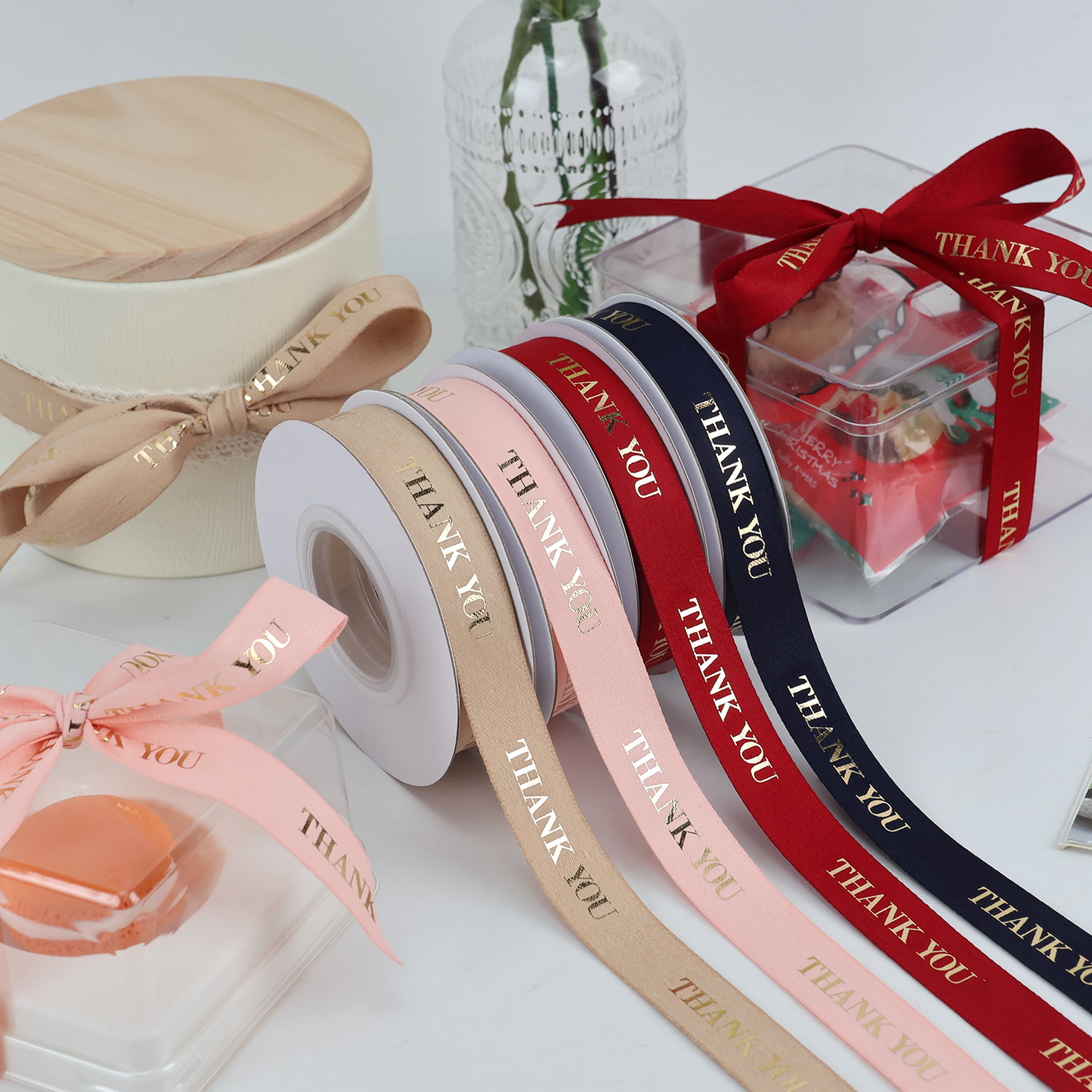 Custom Logo Colors Gift Golg Foil Print Craft Decor Satin Valentine's Day Christmas Ribbon Roll With Logo for Wrapping