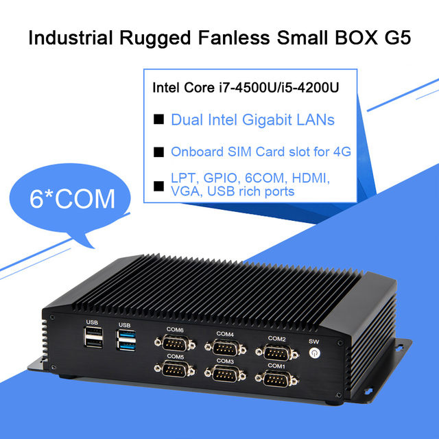 Industrial Mini PC with Core I5 4200U I7 4500U VGA HD 6COM RS232 RS422 RS485 Ports US/EU/AU/JP Plug Fanless Industrial Computer