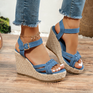 Women New Style Platform Wedge Sandals Summer Thick Sole Denim <b>Large</b> Woven Roman Sandals Wholesale - Product Image 1