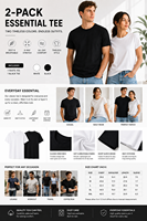 Lot de 2 T-shirts basiques noirs et blancs à col rond et manches courtes, ensemble de t-shirts décontractés essentiels pour tous les jours pour hommes et femmes