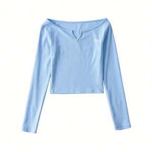 T-shirt à manches longues décontracté chic vintage et col en V pour femmes en coton de haute qualité personnalisé avec logo imprimé à épaules dénudées vente en gros - Product Image 1