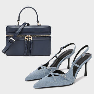 Ensemble de chaussures et de sac en <span class=keywords><strong>jean</strong></span> bleu très populaire pour femmes, pour les soirées, chaussures à bout pointu avec strass et talons hauts, ensemble de chaussures et de sac à main - Product Image 1