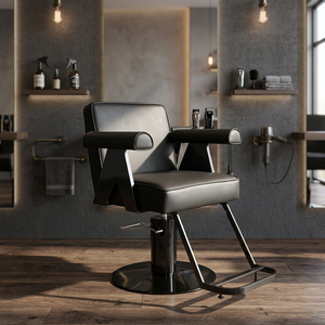Sillón de Barbería Negro, Silla de Estilismo Hidráulica, Mueble de Salón con Reposabrazos de Cuero PU y Base Redonda para Barbería - Product Image 4