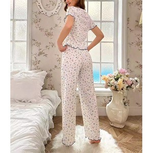 Pyjama en dentelle douce à col rond et manches courtes pour femme, nouveau style d'été, imprimé floral, sensation haut de gamme, pantalon long, ensemble de vêtements de détente - Product Image 4