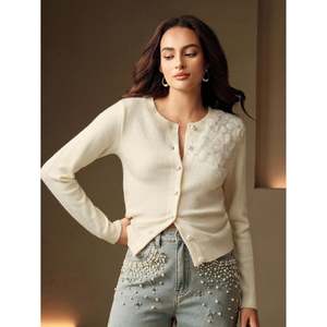 Women's <b>White</b> Floral Embroidered Button Front Full Sleeve <b>Thin</b> Knit <b>Cardigan</b> for All Seasons - Product Image 6