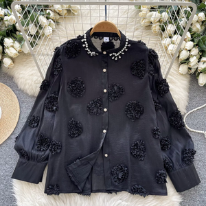 เสื้อเชิ้ตตาข่ายปักลายดอกไม้ 3 มิติ งานปักหนัก ทรงหลวม แขนยาว แฟชั่นสำหรับผู้หญิง - Product Image 3