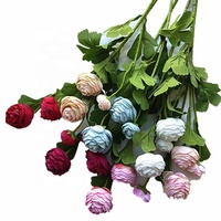Bunga Ranunculus Buatan Tangan, Mawar Teh, Daun Hijau, 3 Tangkai, Batang Peony Palsu untuk Dekorasi Pernikahan, Rumah, Kantor, Meja