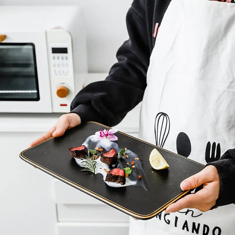 2023 उच्च गुणवत्ता वाले रचनात्मक सिरेमिक देहाती आयत आकार की प्लेट सुशी फल नाश्ता मिठाई रेस्तरां के लिए सहायक ट्रे