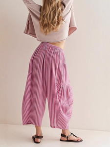 <span class=keywords><strong>Pantaloni</strong></span> a Gamba Dritta a Righe da Donna Primavera Autunno <span class=keywords><strong>con</strong></span> Vita Elastica <span class=keywords><strong>Pantaloni</strong></span> Plissettati a Tre Quarti Traspiranti Casual a Gamba Larga - Product Image 3