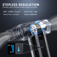 Souffleur d'air comprimé haute vitesse sans balais 125 000 tr/min, rechargeable par USB, en alliage d'aluminium, avec affichage numérique LED pour le nettoyage