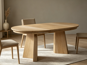 <span class=keywords><strong>Table</strong></span> à <span class=keywords><strong>manger</strong></span> ovale extensible moderne FERLY, transformable de <span class=keywords><strong>ronde</strong></span> à ovale, finition bois, base géométrique - Product Image 1