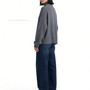 Cardigan zippé côtelé oversize pour femme, col montant, coupe ample, style décontracté, tendance - Product Image 2